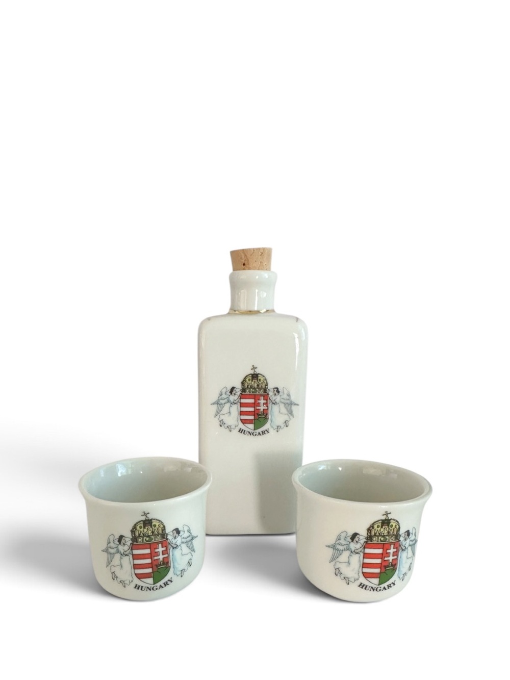 Hungary Crest Ceramic Decanter and Cups Set - White